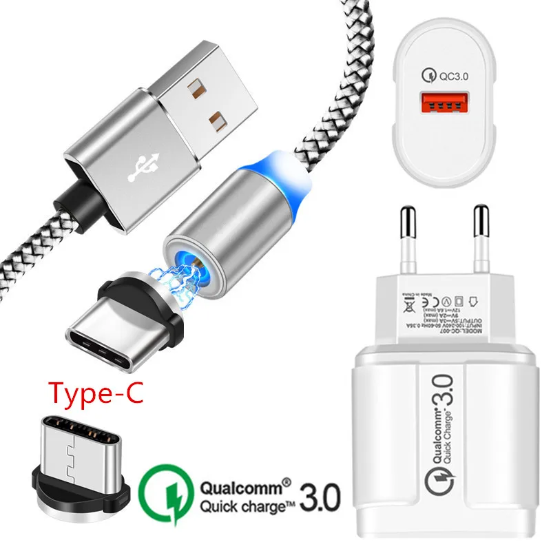 

QC 3.0 USB Fast Phone charger & 1M magnetic Type C Cable For Samsung galaxy S8 A8 A9 2018 A50 Note 8 ZTE Axon 7 9 pro Nubia Z17