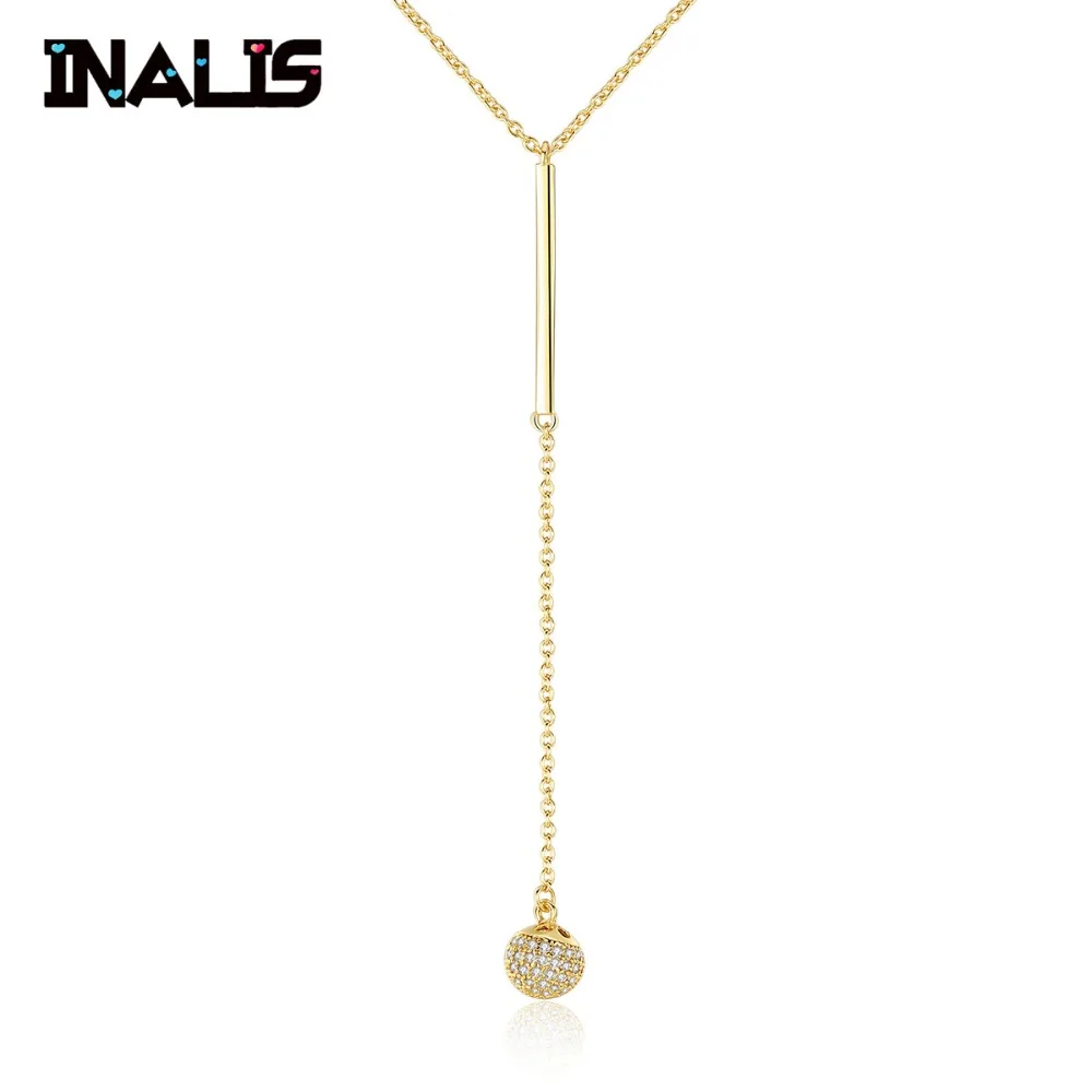 

INALIS New Delicate Long Chain with Ball Pendant Necklace Micro Paved CZ Stone S925 Sterling Silver Fine Jewelry for Women Gift