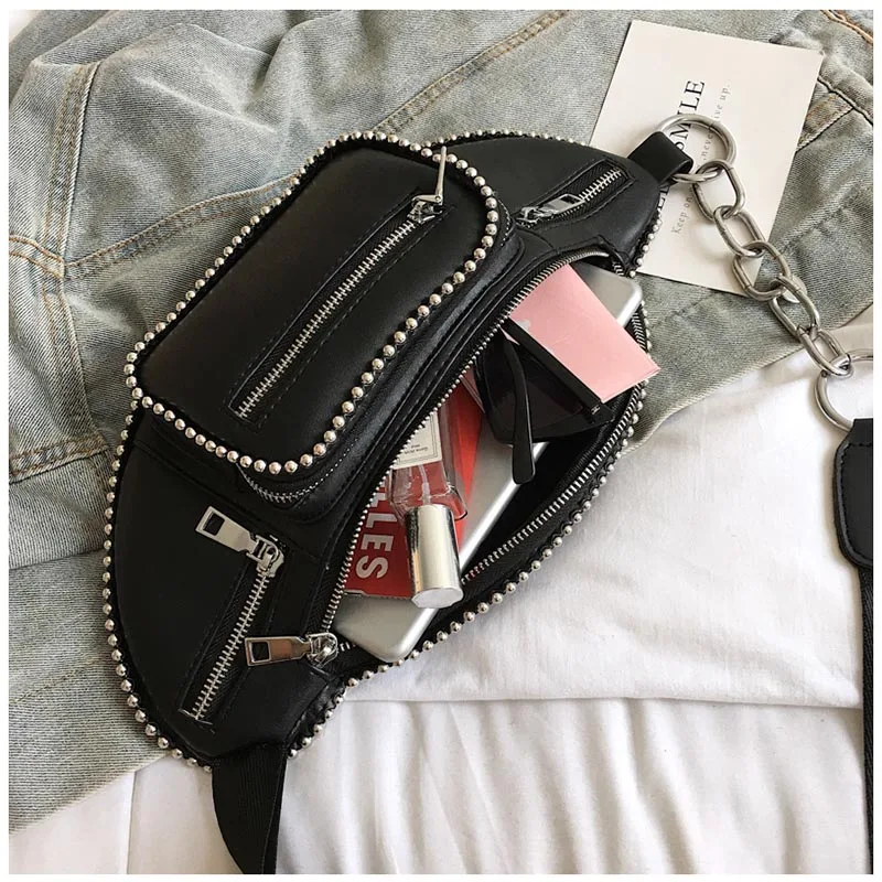 LJT Luxury Design Women PU Leather Waist Bag Female Rivet Casual Fanny Packs Belt Bag Handbag and Purse Female Mini Chest Bags