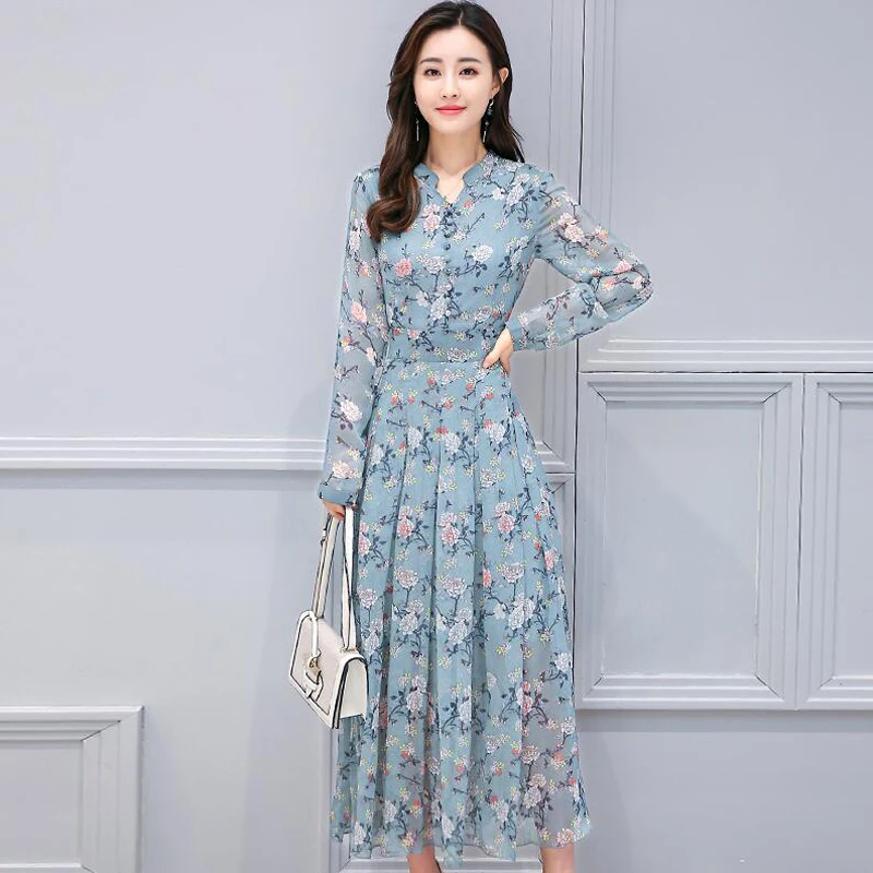

Womens Dresses For Autumn 2018 Long Sleeve A-Line Sweet Print Floral Chiffon Dress V-Neck Fashion Slim summer long Dress LY809