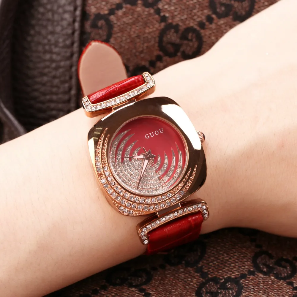

2017 GUOU New Square Colorful Diamond Watch Women Golden Dress Clock Leather Strap Lady Fashion Quartz Watches Luxury Brand