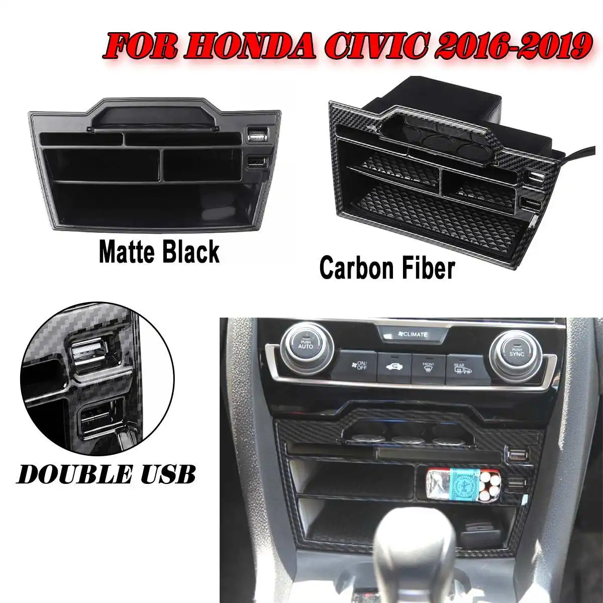 

ABS Double USB Carbon Fiber Inner Car Center Console Cellphone Card Multi Function Storage Box For Honda For Civic 2016-2019 LHD