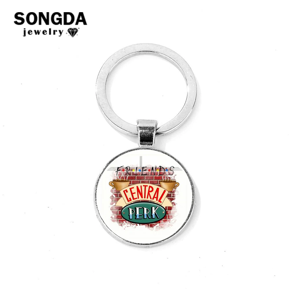 SONGDA Friends TV Show Keychain Classic Scene Central Perk Logo Glass Gem Key Ring Bag Charm Key Chain for Good Friends Trinkets