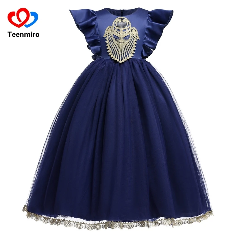 Kids Long Dress for Girls Blue Petal Sleeve Formal Evening Dresses Girl Pageant Birthday Ball Gown Elegant Costume Robe Fille