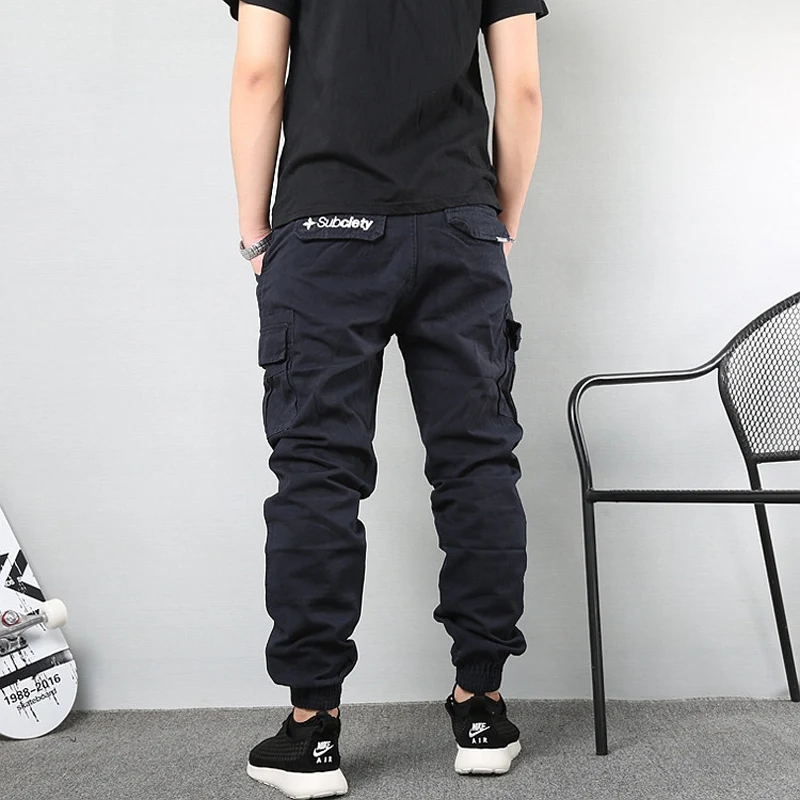 Модные мужские джинсы, зауженные брюки черного цвета, укороченные брюки с большим карманом, брюки-карго, Мужские штаны для бега в стиле хип-хоп