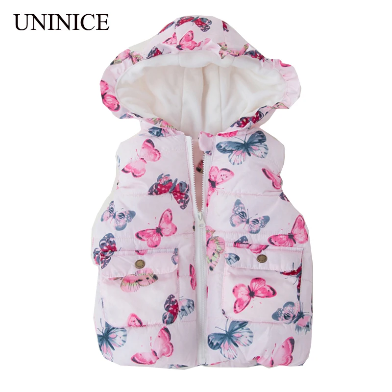 UNINICE Girls Winter Vest Full Print Butterfly Pink Girls Hooded