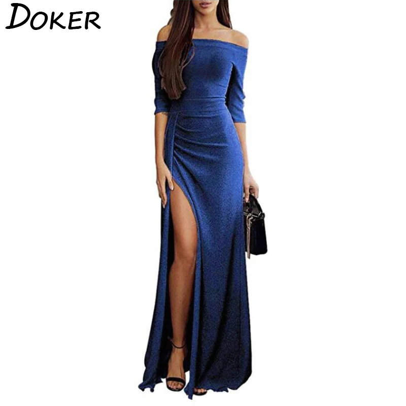 

2019 New Sexy Off Shoulder Evening Party Dress Women Slash Neck Hem High Slit Bodycon Dress Ladies Elegant Shiny Maxi Dress