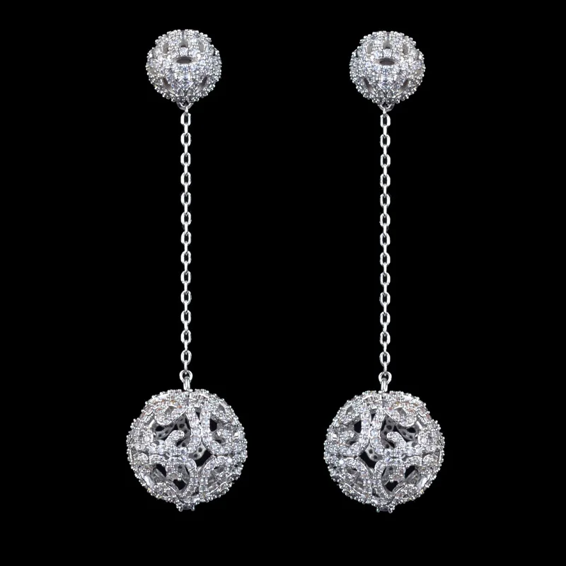 New design hollow 62 mm 2.44 inch long micro pave AAA Cubic Zirconia round ball dangle earrings for women luxury fashion jewelry | Украшения