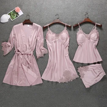 

2018 Girl's Four Pieces Robe Sets Brand Fashion Harness Pajamas Sets New Summer Sexy Nightgown M/L/XL Faux Silk Night Dress Set