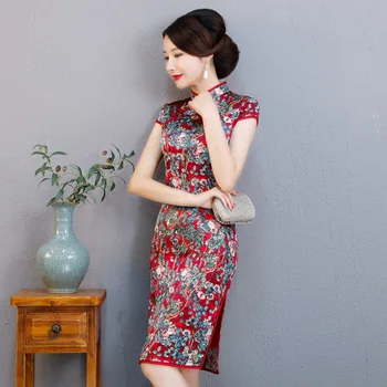 

Chinese Red Elegant Mother Dress 100% Real Slik Print Floral Cheongsam Traditional Sexy Handmade Button Qipao Oversize XXXL