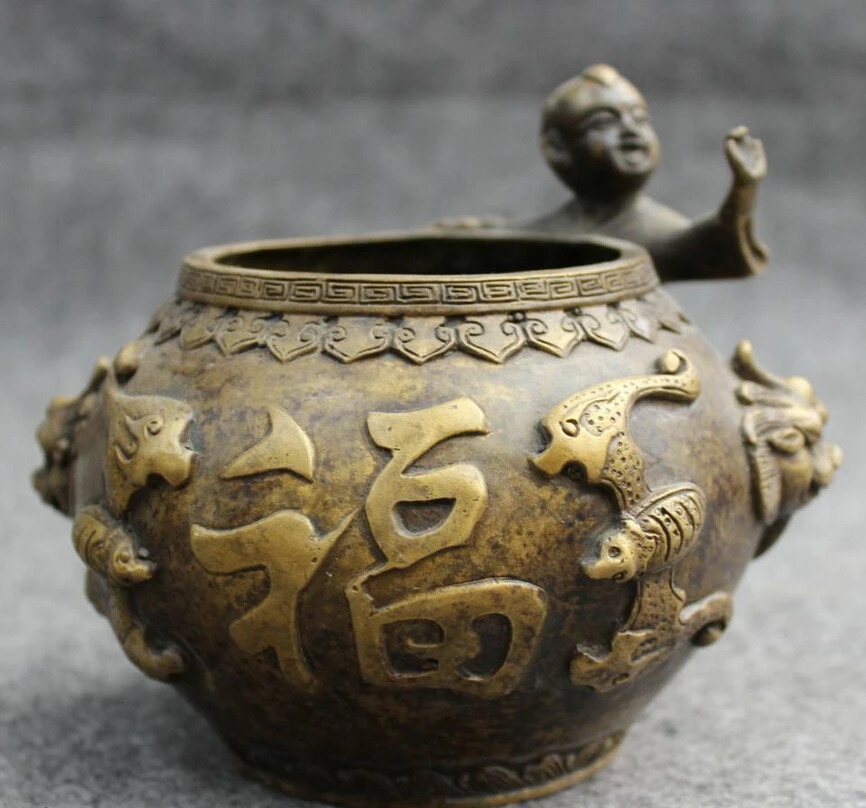 

song voge gem S4100 Tibet Bronze Buddhist Lion Head Statue Chun Fu BAT Kid Child Bowl Incense Burner