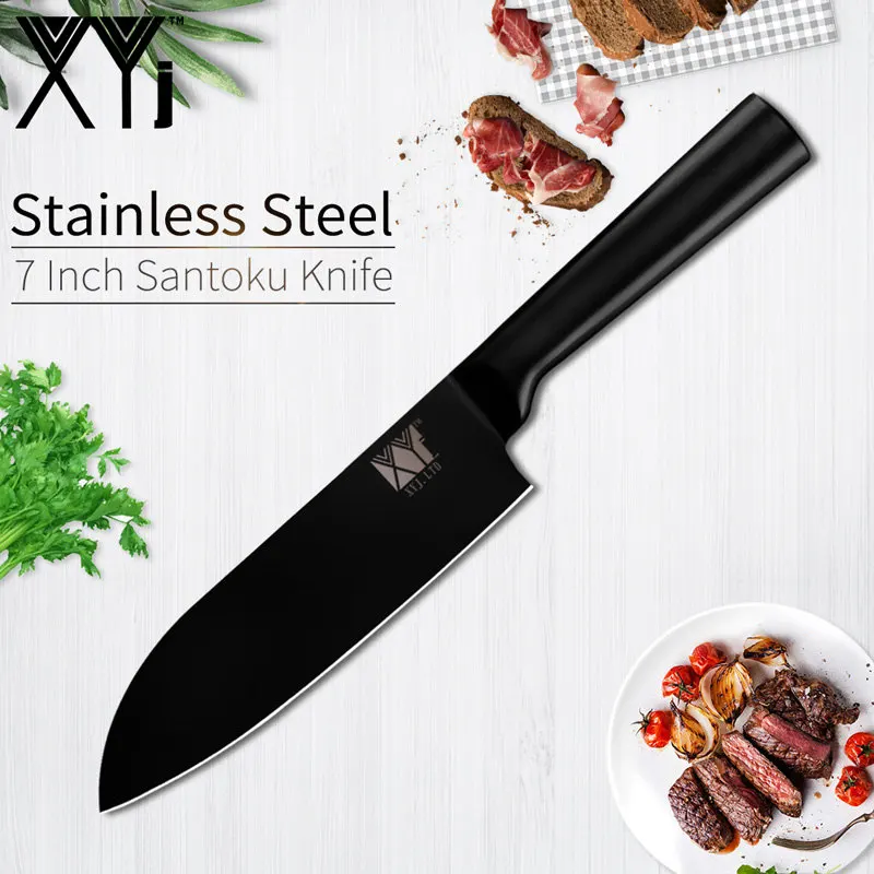 XYj набор кухонных ножей из нержавеющей стали, высокое качество, острый черный 4 шт., набор кухонных ножей с 8 дюймовым точилкой для ножей - Цвет: 7inch Santoku Knife