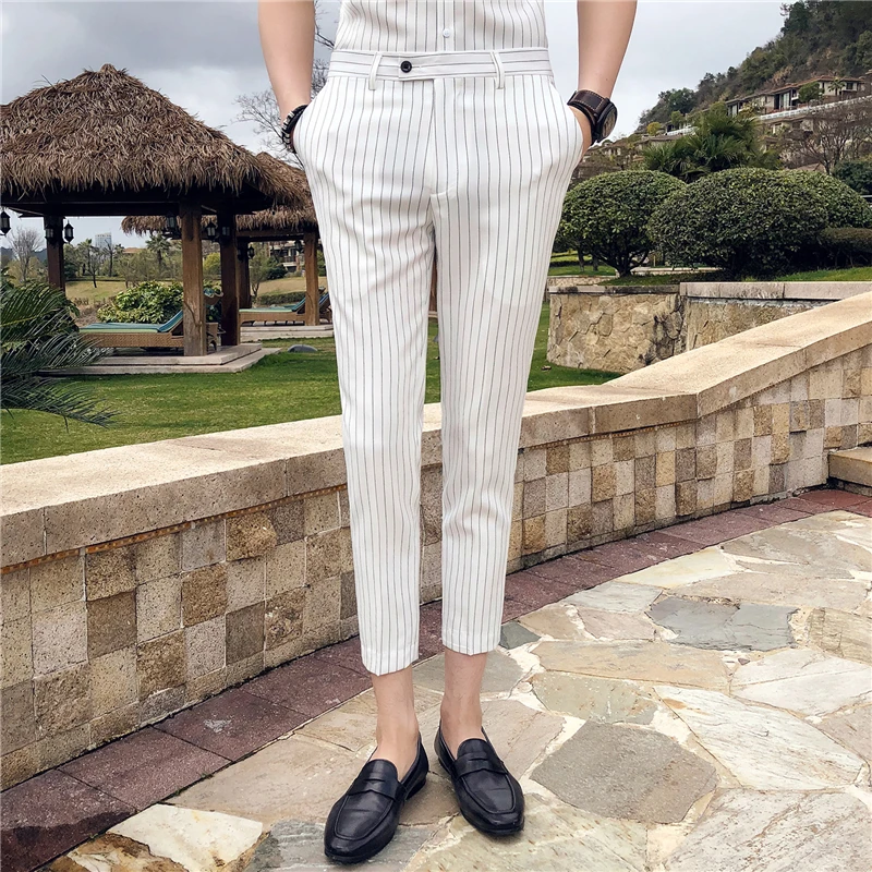 Летние полосатые мужские брюки, черные белые мужские штаны, модные мужские обтягивающие брюки, офисные брюки длиной до щиколотки
