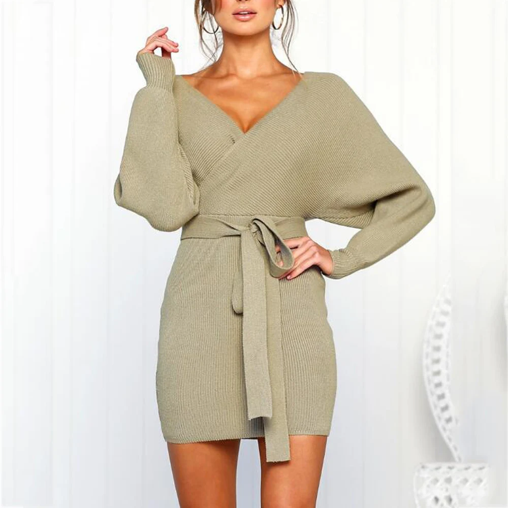 

High Quality Knitted Bodycon Sweater Dress Women Fashion Autumn Winter Warm Wrap Dress With Slash Sexy V Neck Knitting Vestidos