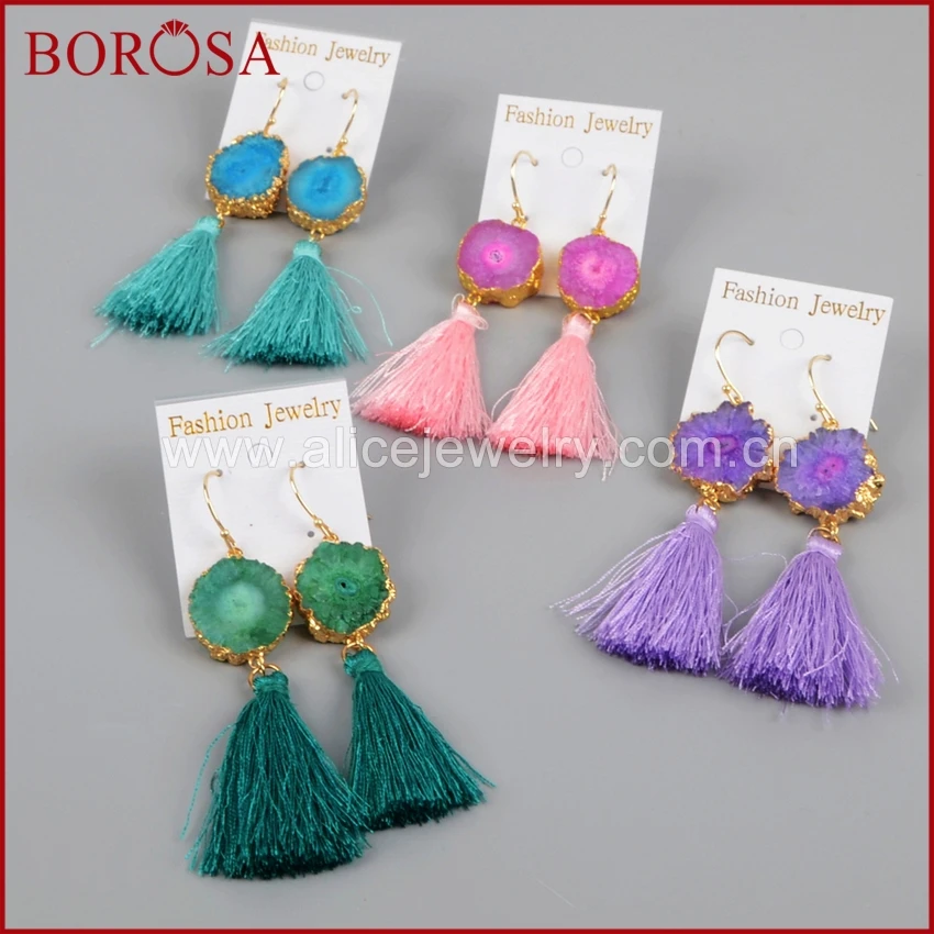 

BOROSA Gold Electroplated Rainbow Solar Quartz Colorful Tassel Earrings, Mix Color Druzy Drop Earrings Dangle Earrings G1238