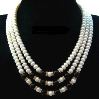 

Jewelr 004243 3 Rows Genuine White Pearl Black Agate Beads 18KGP Crystal Clasp Necklace