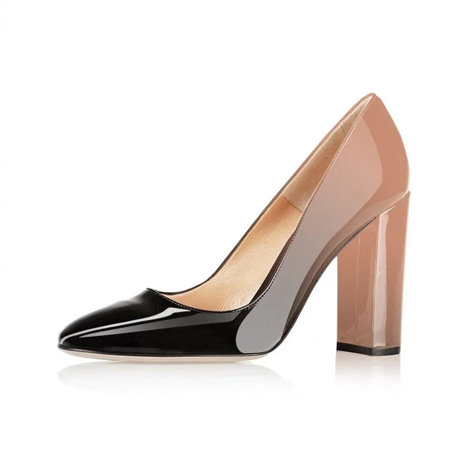 Kmeioo/женские пикантные туфли-лодочки из лакированной кожи с острым носком на квадратном каблуке; великолепные вечерние туфли на шпильке - Цвет: Beige Black