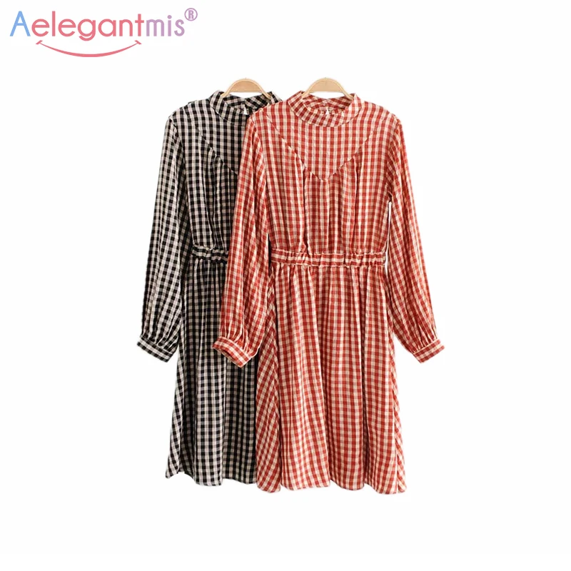 Aelegantmis Fashion New Women Plaid Spring Dress Womens Casual Long