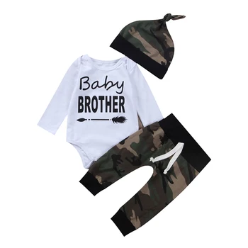 

0-18M Camouflage Newborn Clothes Baby Brother Long Sleeve Bodysuit Tops+Camo Pant Trouser Hat 3PCS Outfit Kids Clothing Set