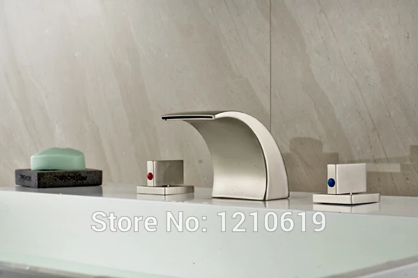 

Newly US Free Shipping Fashion Bathroom Waterfall Widespread Tub Faucet Mixer Tap Dual Square Handles Three Holes Deck Mounted