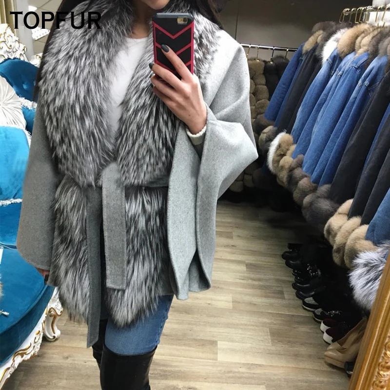 Женское шерстяное пальто с воротником из лисьего меха высшего качества