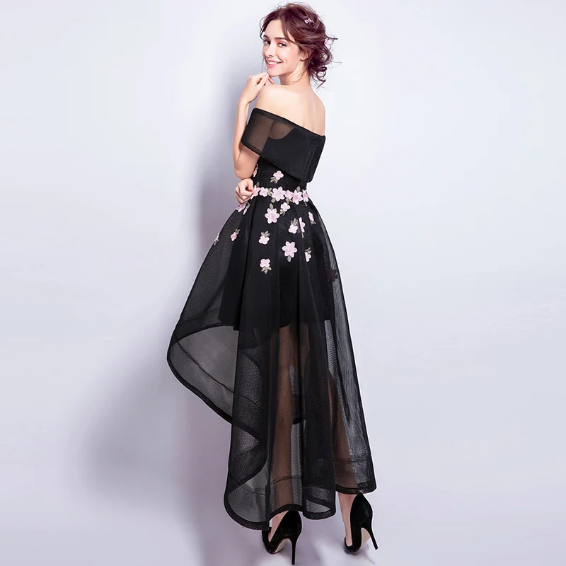 Маленькие черные высокие/низкие коктейльные платья с вышивкой из тюля с открытыми плечами длиной до колена вечерние платья для выпускного вечера L3453