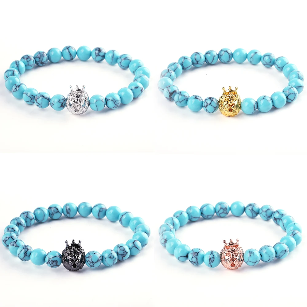 8mm Handmade Lion King Charm Bracelets Natural Green Stone Beaded