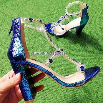 

ALMUDENA Green Pink Snakeskin Bling Bling Crystal Wedding Shoes Clear PVC Strap Beaded Shoes Chunky Heels Glittering Beaded Pump
