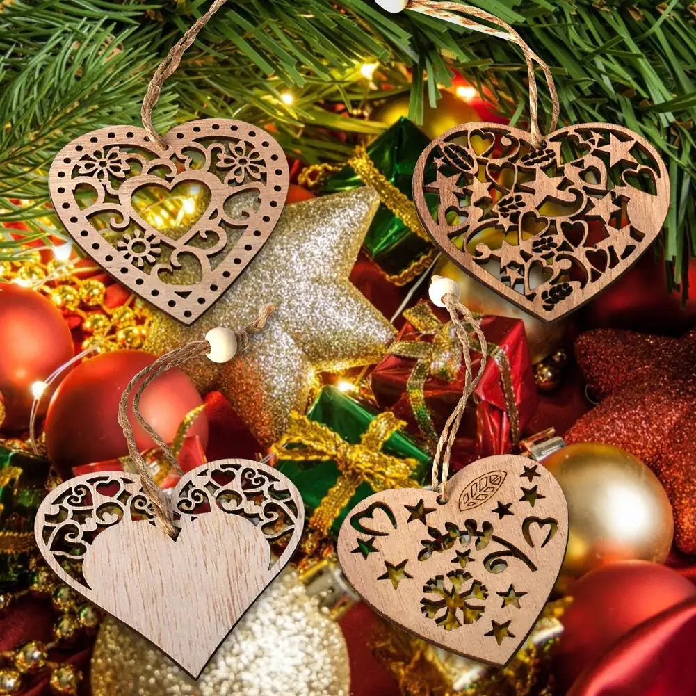

3PCS Hollow Love Heart Pendant Nordic Vintage Wooden DIY Christmas Tree Decoration Pendant Christmas Party Decorations Kids Gift