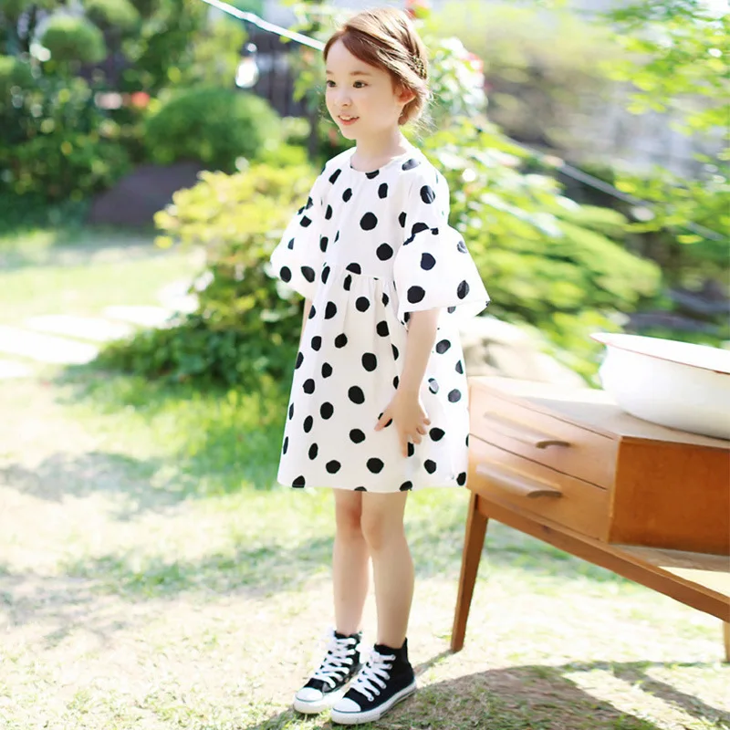 

New Kids Girls Summer Dress Princess Short Sleeve Polka Dot Casual Beach Cotton Dresses for 3-14Y Teenage School Girls CA805