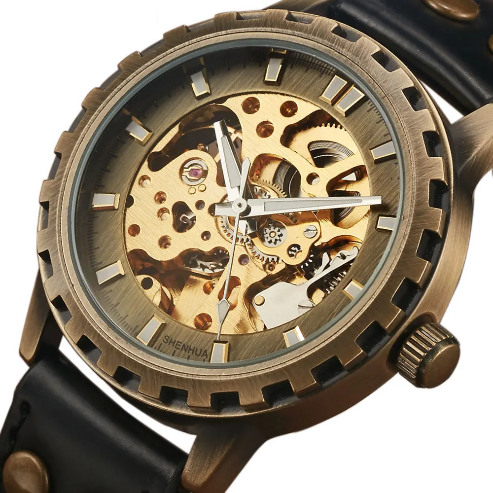 

Vintage Steampunk Mens Automatic Watch Movement Retro Bronze Leather Mechanical Wrist Watch Skeleton Sports Luxury Clock Male