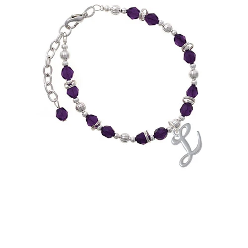 Silvertone Small Gelato Script Initial - L - Purple Beaded Bracelet