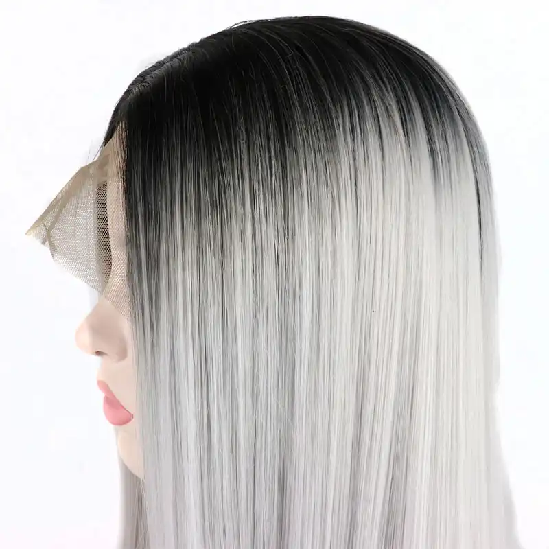 Bombshell Black Roots Ombre Silver Grey Straight Synthetic Lace