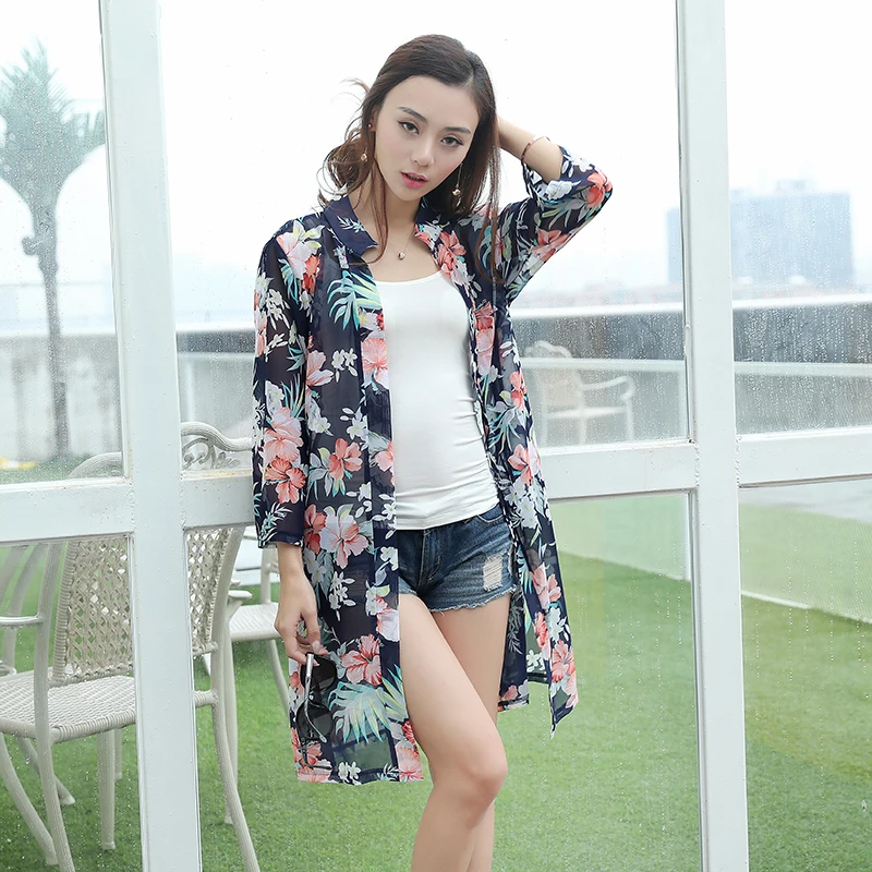 

[aosheng] New Summer Autumn 2018 Fashion Hit Color Stand Collar Nine Quarter Printed Long Anti-Sun Blouse Shirt Women Y012