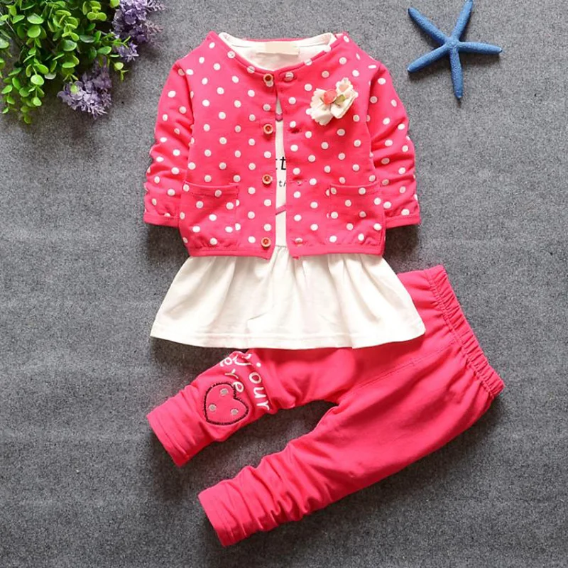 

Spring Autumn Baby Girls Clothing Sets Fashion Dot Pattern Jackets + Sweatshirts + Pants 3pcs Children Suits Kids Clothes Sets