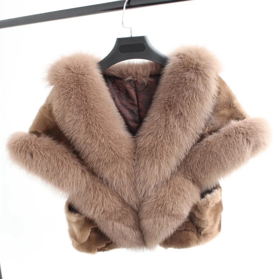 

2018 mew fashion winter women natural piece mink fur shawl with fox fur collar Wedding bride capes and shawls warm thick wraps