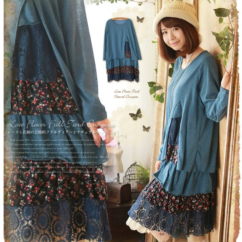 

2017 Spring Cute Sweet Dress Women's Round Neck Patchwork Cotton Plad Pattern Full Sleeved Mori Girl Female Vestido Dresses C237