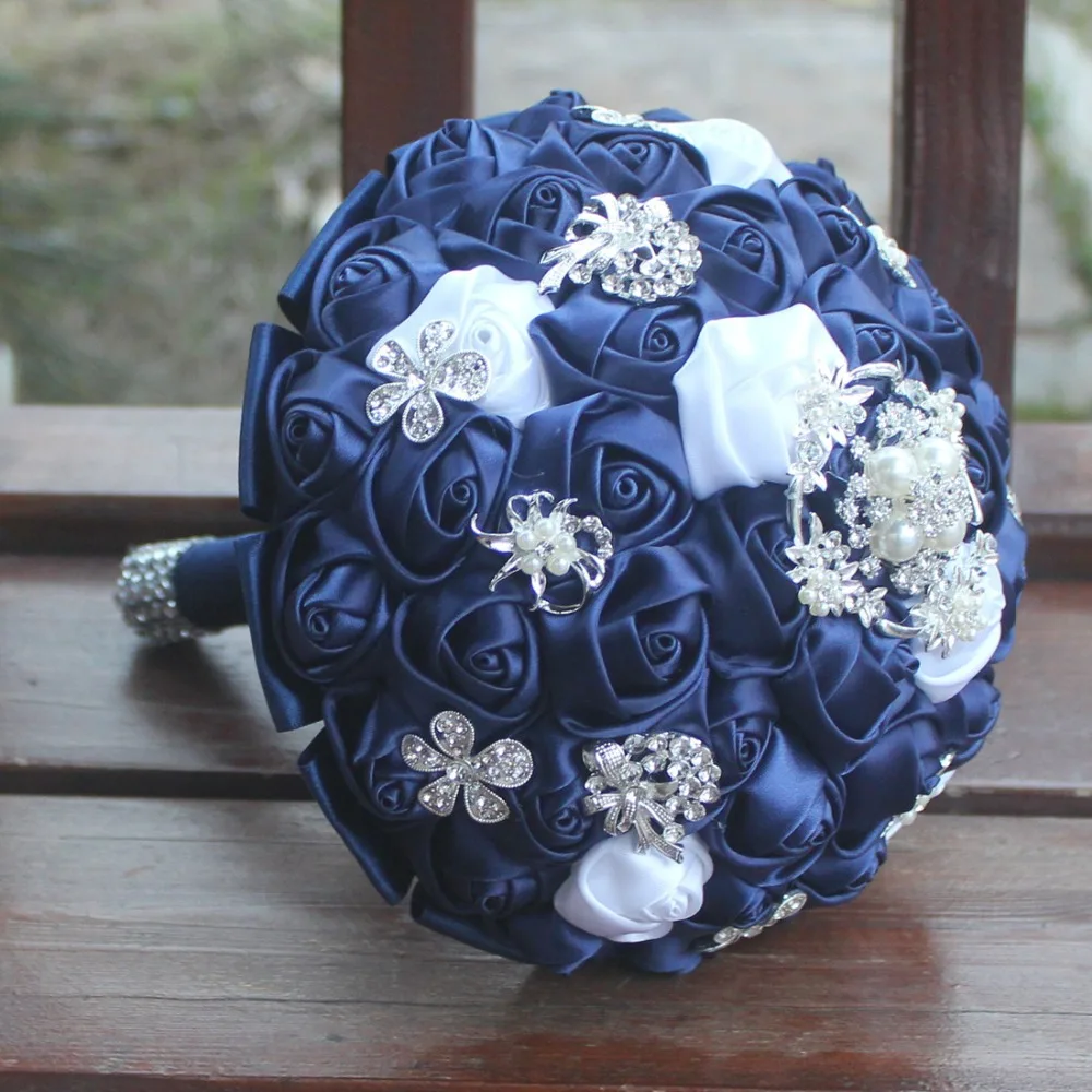 JaneVini Винтаж Темно-синие брошь букет невесты с кристаллами атласные розы Искусственные цветы Свадебные букеты невесты букет из бисера