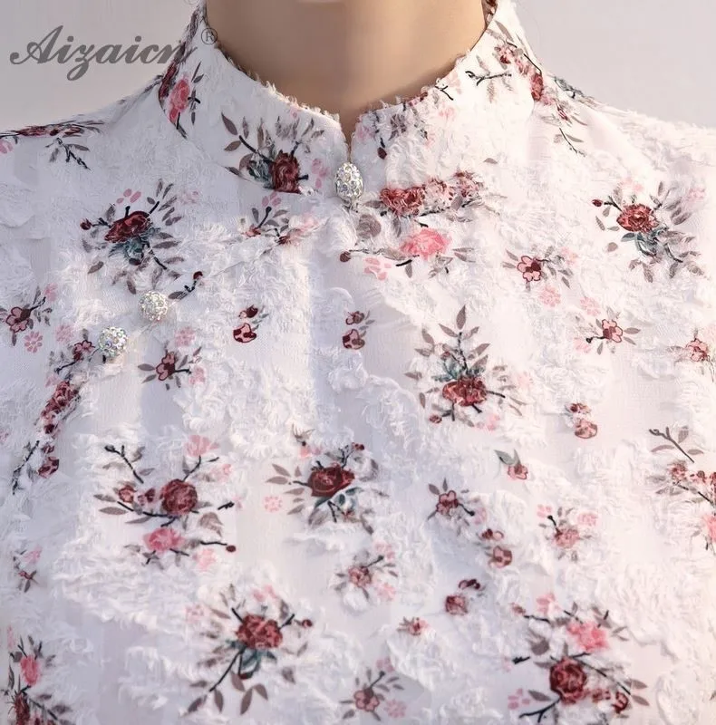 Новый срезанный цветок кружева дрель бисера платье современный Cheongsam белые длинные платья Для женщин Традиционный китайский Костюмы
