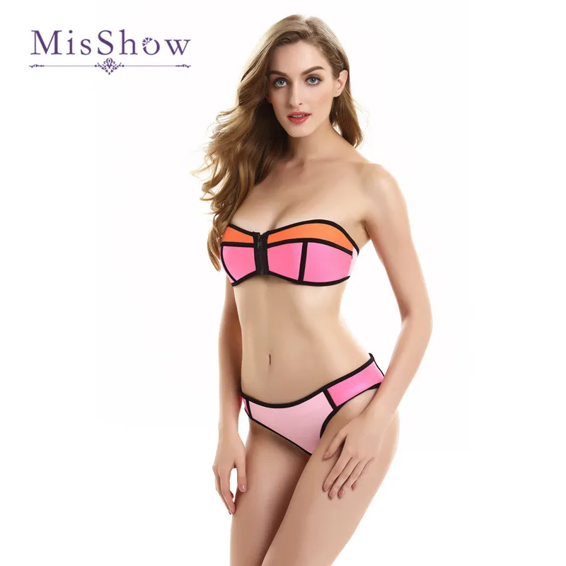 2017 Women Neoprene Bikini Strapless Swimsuit Bandeau Set Zipper Opening Bathing Suits Plus Size Biquinis Beachwear XS-XL |