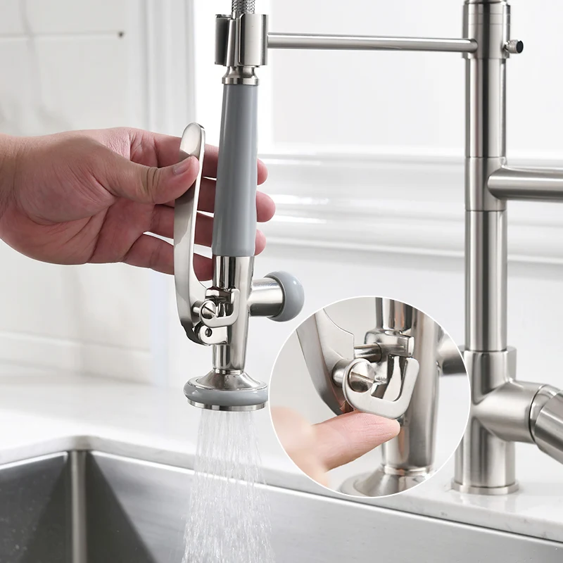 Fapully Spring Style Kitchen Faucet With LED Brushed Nickel Faucet Pull Out 360 Rotate Swivel 2-Function Water Outlet Mixer 512