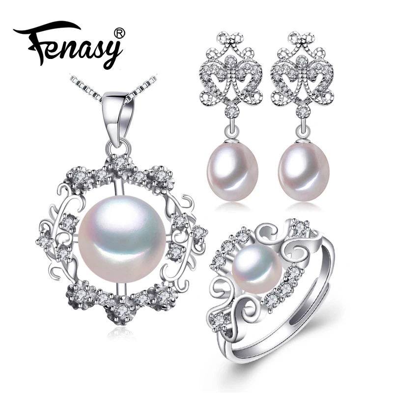 

FENASY Trendy 925 Sterling Silver Earrings With stones natural Pearl Jewelry Sets For Women Bohemian Set Ethnic Earrings Rings