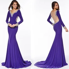 Lila Farbe Mermaid V-ausschnitt Langarm Open Back Sexy Maxi Kleid Perlen Designer Online Fashion Abendkleid Samt