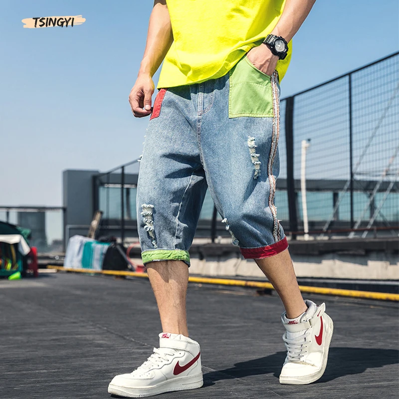 

Tsingyi 5XL Vintage Distressed Patchwork Denim Harem Jeans Men streetwear Red Green Spliced Hole Calf-length Pants for men Jeans