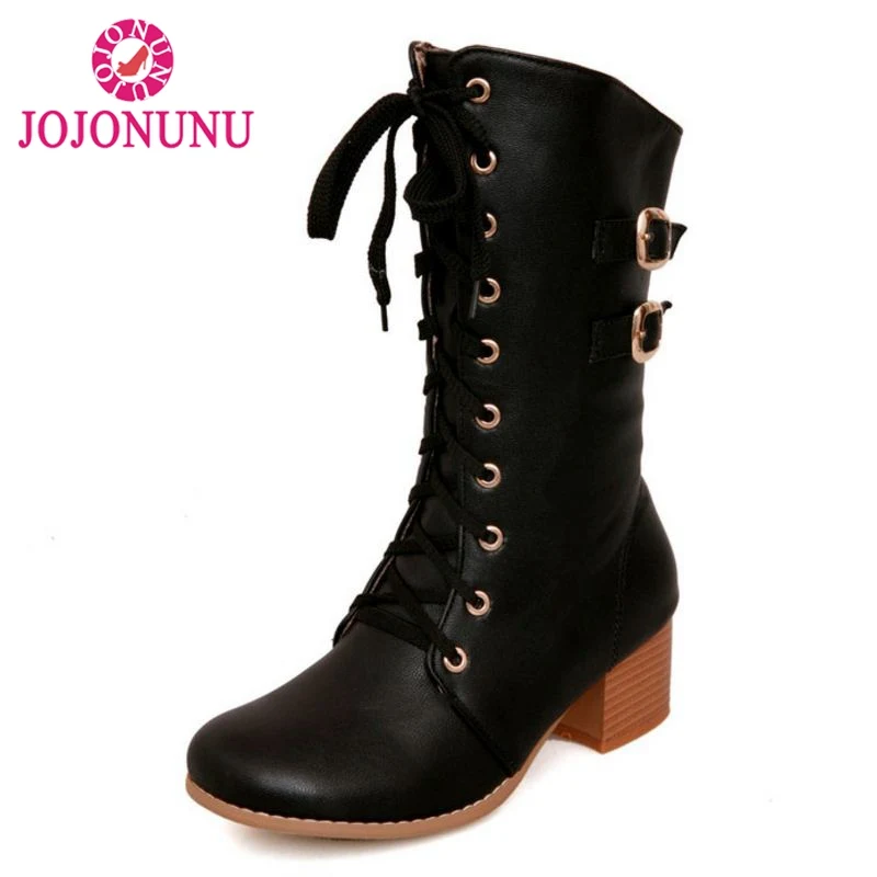 

JOJONUNU Size 31-43 Woman Short Winter Boots Metal Buckle Fur Lace Up Round Toe Woman Mid Calf Boots Woman Shoes Footwear