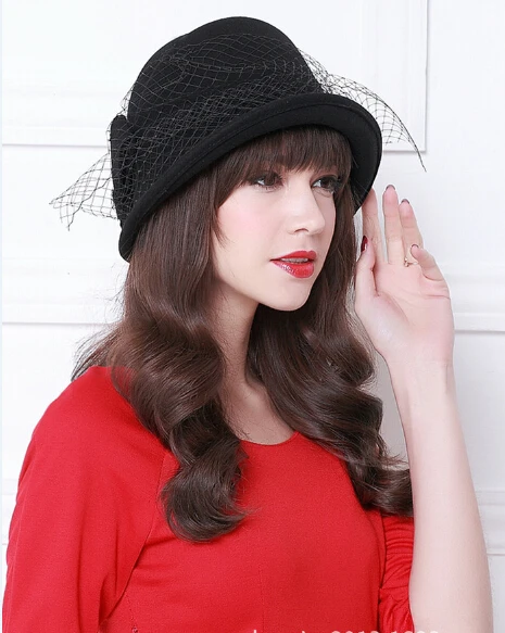 

Lady Elegant bow wool hat basin hat female winter wool hat party style female cap with veil wholesale B-0853