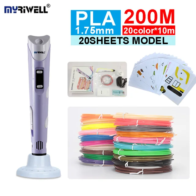Best Offers MYRIWELL RP-100B 3D scribble pen,Non-Toxic Plastic,with 1.75mm PLA Filament (Multi-Color200M)+20sheets drawing template,low-heat