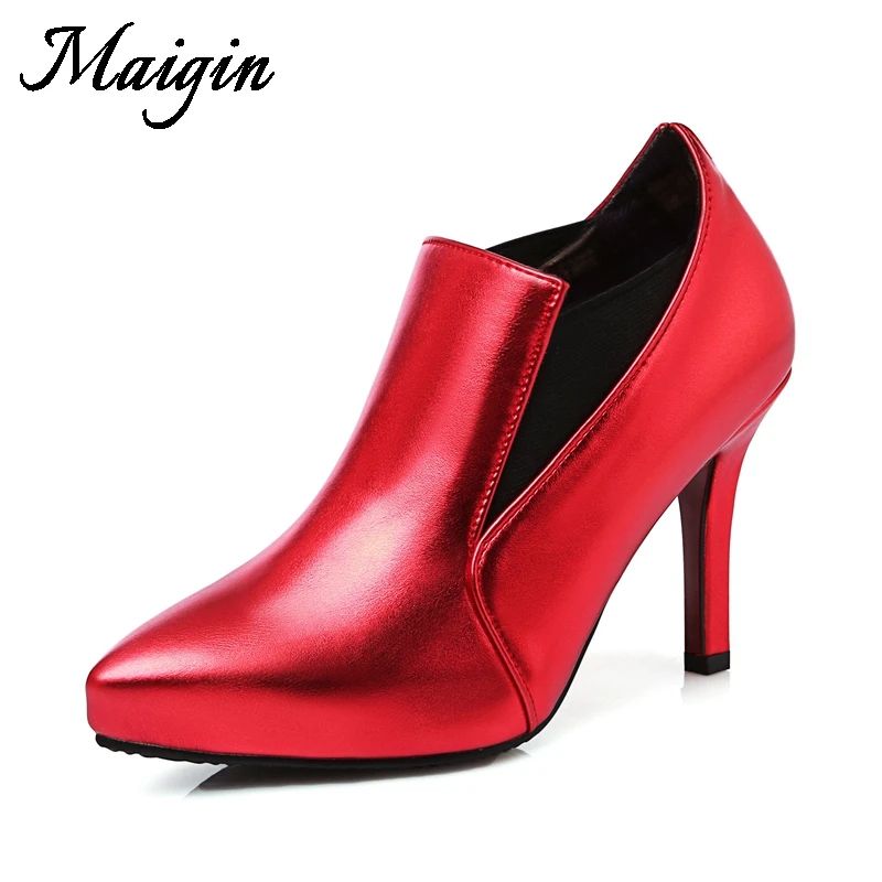 Maigin High Heels Red Ankle Boots Women Autumn Pointed Toe Ladies Booties 2018 Fashion Plus Size 34-43 Female Shoes Women