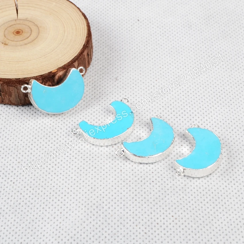 Crescent Moon Shape Blue Howlite Turquoise Silver Plated Necklace Connector Beads Double Bails Making Jewelry S0867