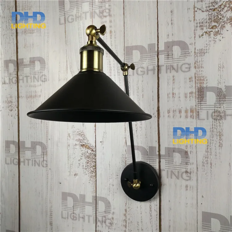Free shipping black iron shade wall lamp double arm adjustable up and down beside lighting sconce antique brass holder for room